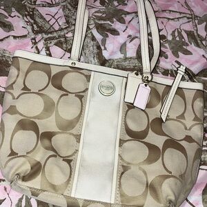Coach Beige Signature Canvas Tote with Cream Trim and Pink Tag